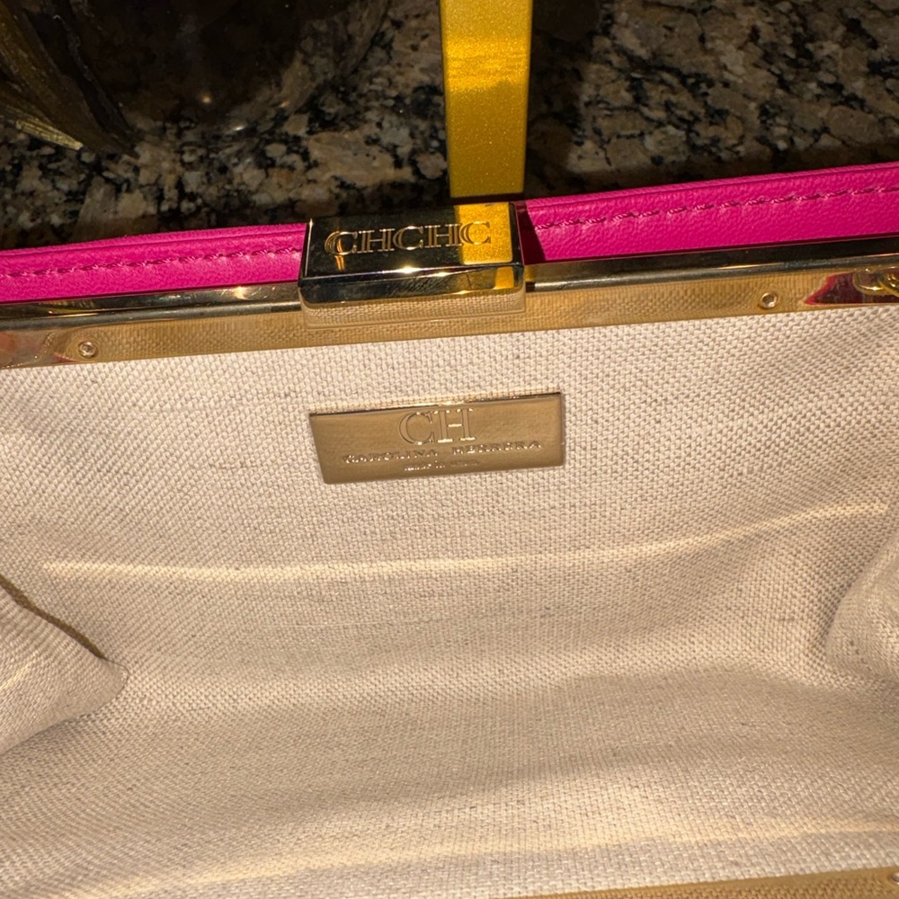 Carolina Herrera Fuchsia Quilted Clutch with Gold Strap - Picture 5 of 5